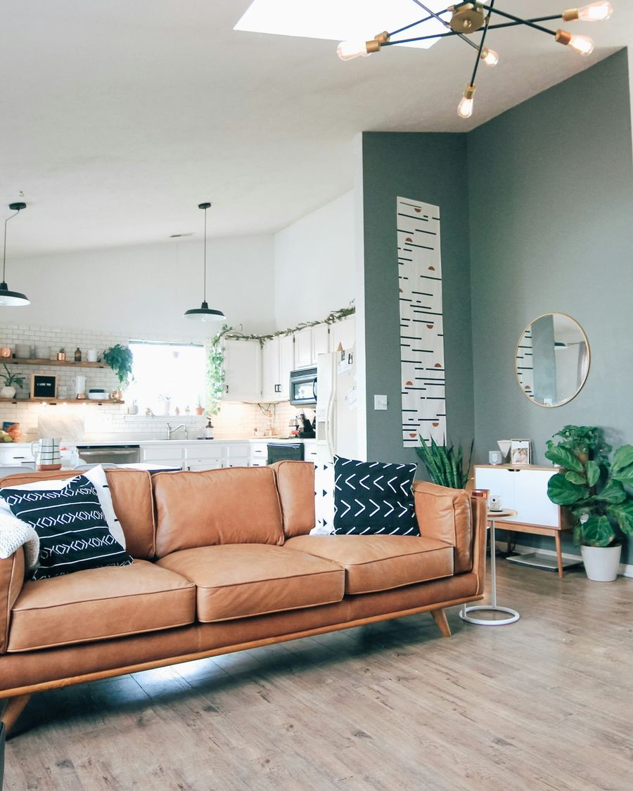 Bright living room with a leather sofa and plants